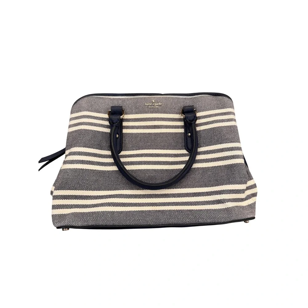 Kate Spade New York Navy White Striped Canvas Satchel Handbag Leather Trim